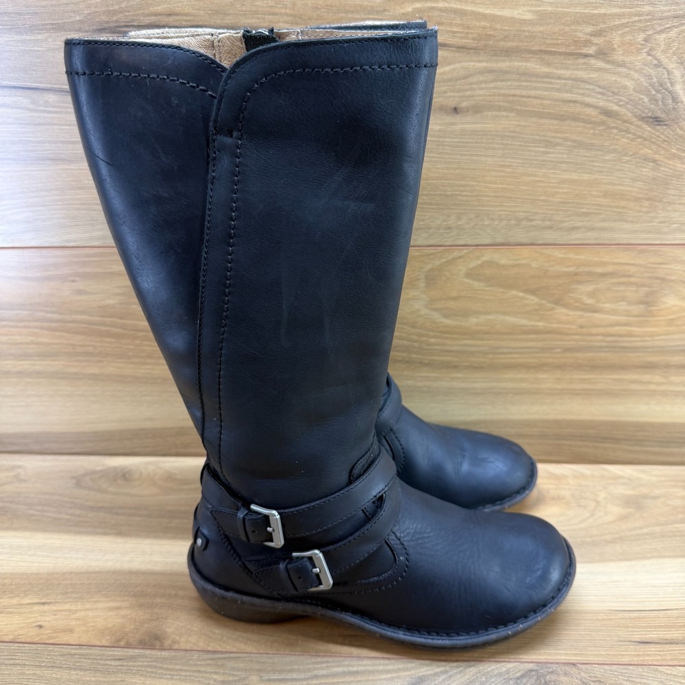 UGG Rosen Tall Zip Boots Womens 7 Black Leather Sherpa Cozy Cottage Core